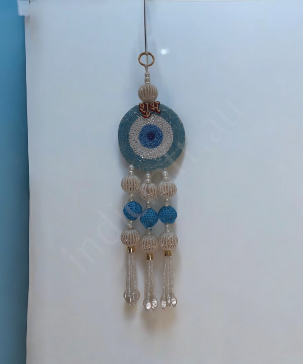 1 Pair Shubh Labh Beaded Wall Hanging – Decorative Blue & White Pearl Bead Strings 1 Pair for Home & Pooja Room (Set Of 2)