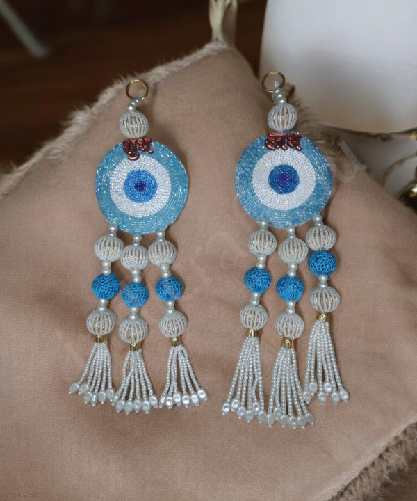 1 Pair Shubh Labh Beaded Wall Hanging – Decorative Blue & White Pearl Bead Strings 1 Pair for Home & Pooja Room (Set Of 2)