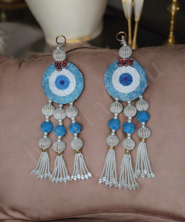 1 Pair Shubh Labh Beaded Wall Hanging – Decorative Blue & White Pearl Bead Strings 1 Pair for Home & Pooja Room (Set Of 2)