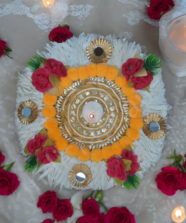 1pc 10inch Handmade Rangoli Mat Round Pom Pom & Mirror Work TeaLight Holder for Home Decor