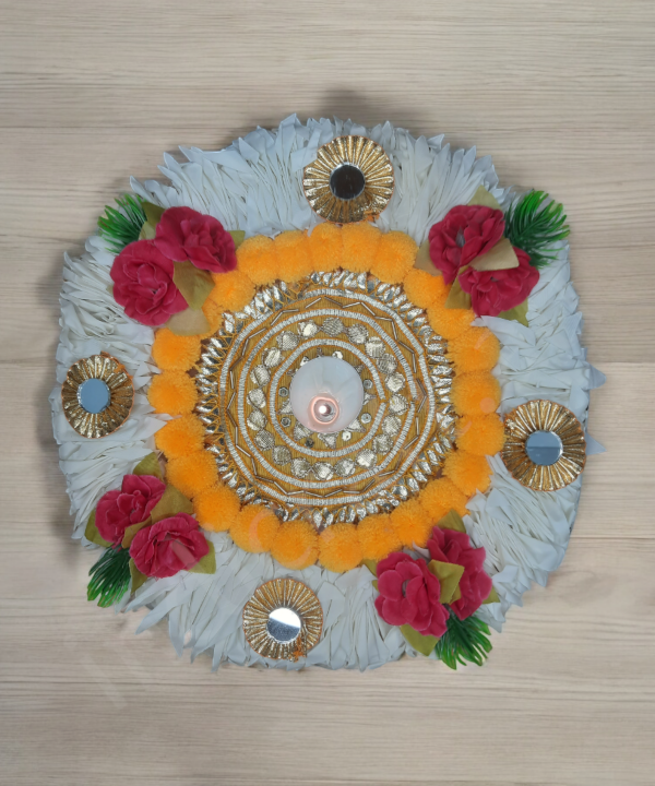 1pc 10inch Handmade Rangoli Mat Round Pom Pom & Mirror Work TeaLight Holder for Home Decor