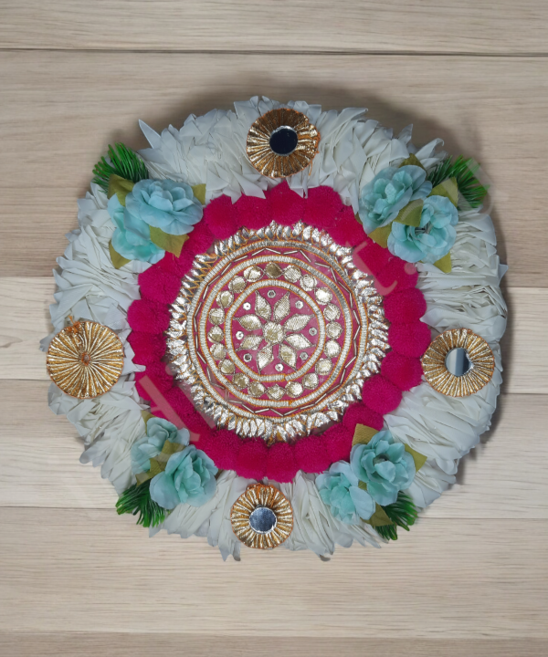 1pc 10inch Handmade Rangoli Mat Round Pom Pom & Mirror Work TeaLight Holder for Home Decor