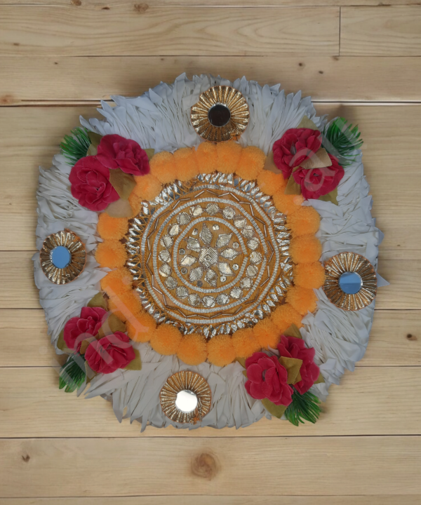 1pc 10inch Handmade Rangoli Mat Round Pom Pom & Mirror Work TeaLight Holder for Home Decor