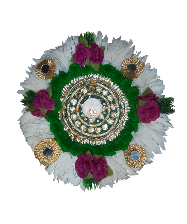 1pc 10inch Handmade Rangoli Mat Round Pom Pom & Mirror Work TeaLight Holder for Home Decor