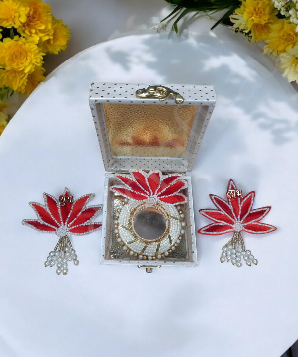 Handcrafted Lotus Tealight Candle Holder with Shubh Labh Pearl Hanging in a Box