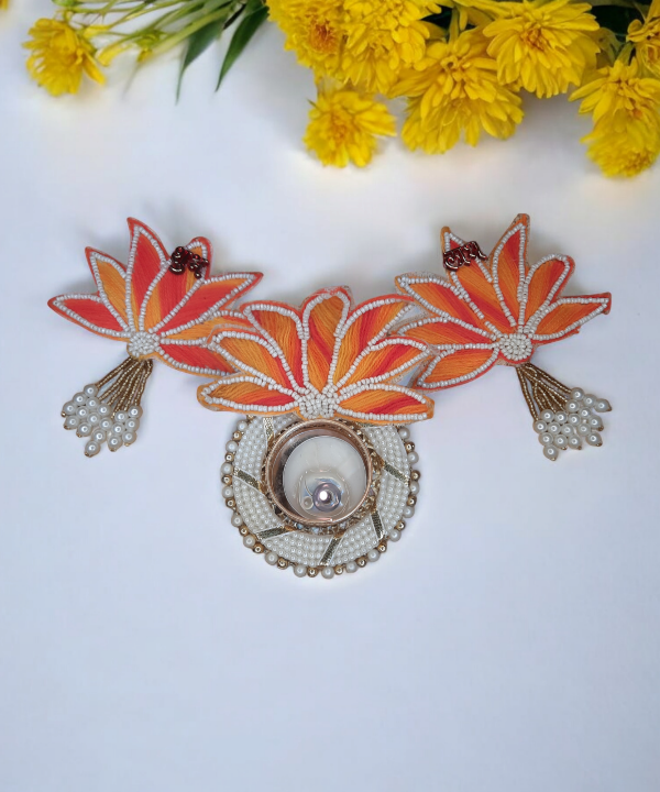 Handcrafted Lotus Tealight Candle Holder with Shubh Labh Pearl Hanging in a Box