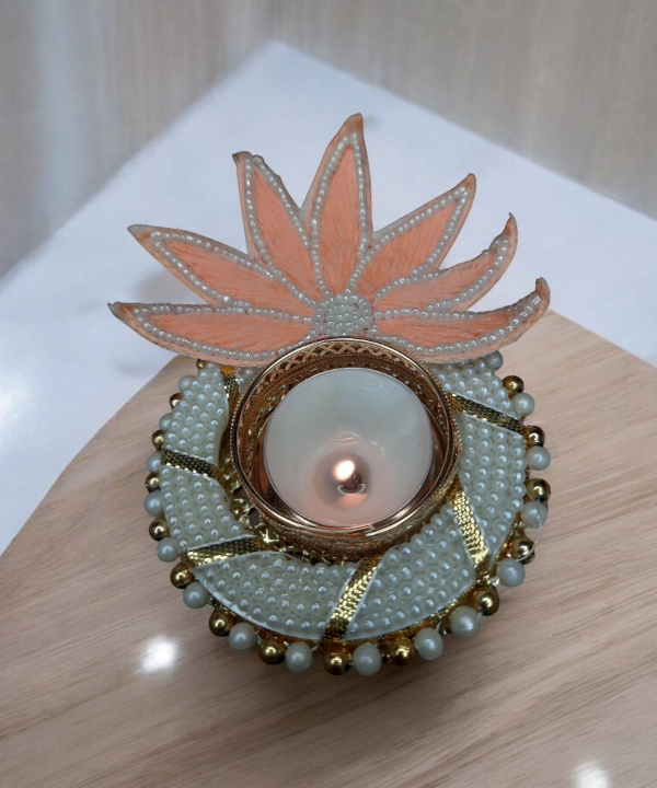 Handcrafted Lotus Tealight Candle Holder with Shubh Labh Pearl Hanging in a Box