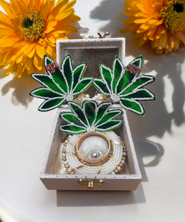 Handcrafted Lotus Tealight Candle Holder with Shubh Labh Pearl Hanging in a Box
