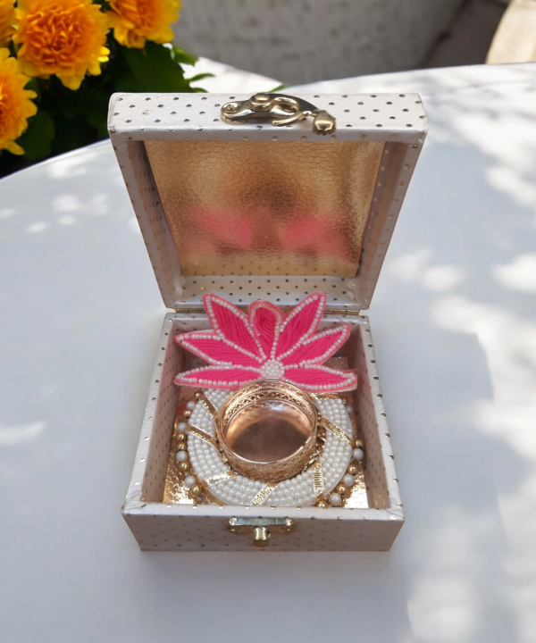 Handcrafted Lotus Tealight Candle Holder with Shubh Labh Pearl Hanging in a Box