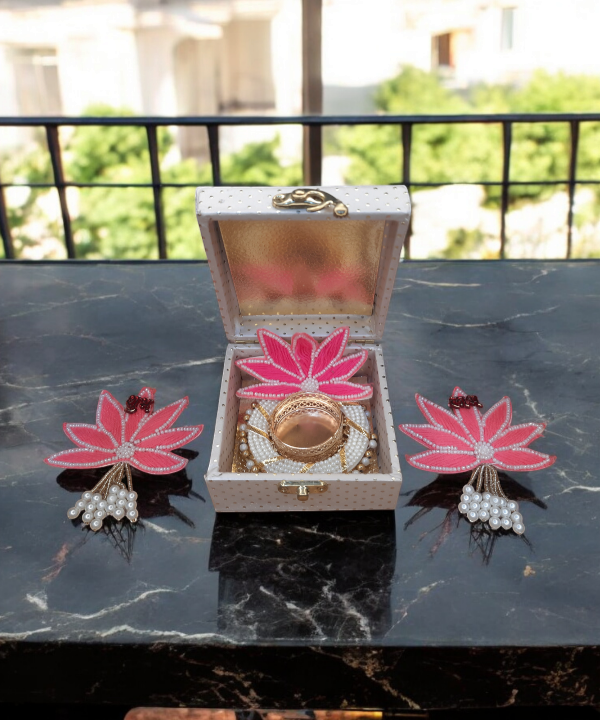 Handcrafted Lotus Tealight Candle Holder with Shubh Labh Pearl Hanging in a Box