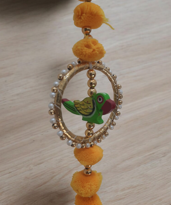 Handmade Woolen Marigold Wall Hanging with Parrot Embellishment – Festive Hanging for Home Decor, 1 Pair