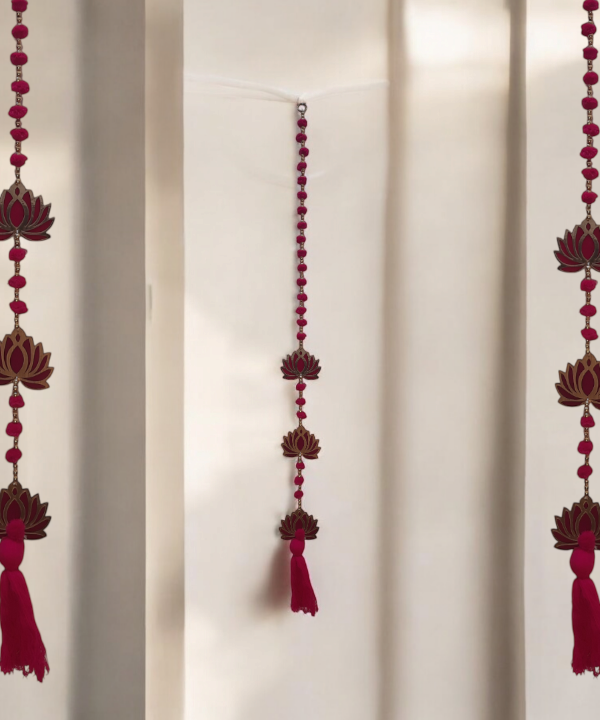 Red Lotus Hanging Toran String with Beads & Tassel – Traditional Indian Wall Decor 1Pair