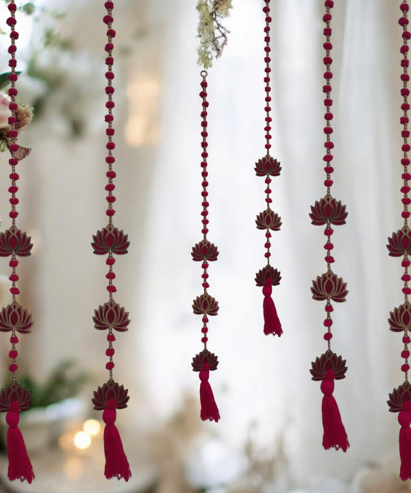 Red Lotus Hanging Toran String with Beads & Tassel – Traditional Indian Wall Decor 1Pair