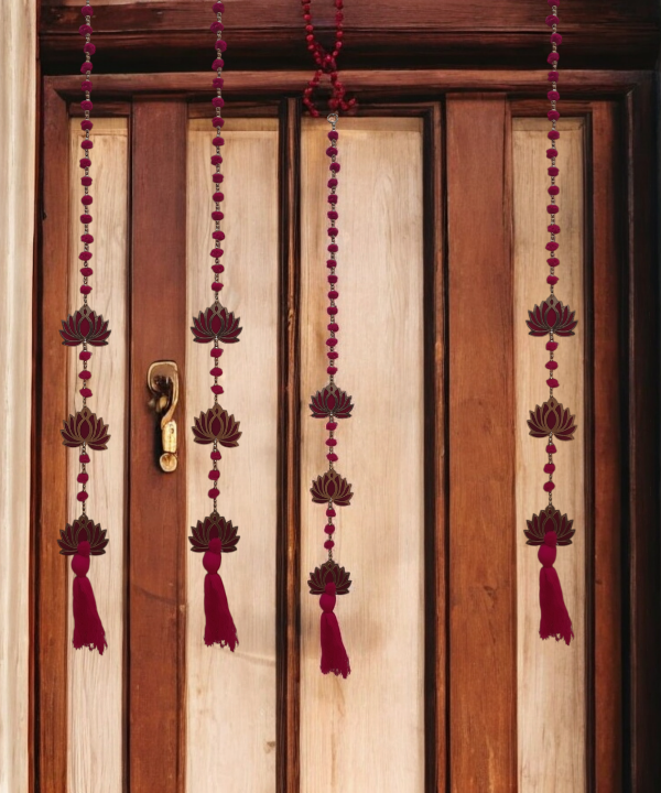 Red Lotus Hanging Toran String with Beads & Tassel – Traditional Indian Wall Decor 1Pair
