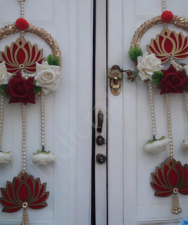 Decorative Lotus Floral Wall Hanging Latkan – Set of 2 | Handmade Door/Pooja Décor with Pearls & Artificial Roses