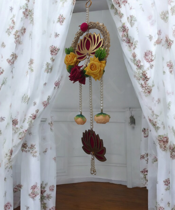 Decorative Lotus Floral Wall Hanging Latkan – Set of 2 | Handmade Door/Pooja Décor with Pearls & Artificial Roses