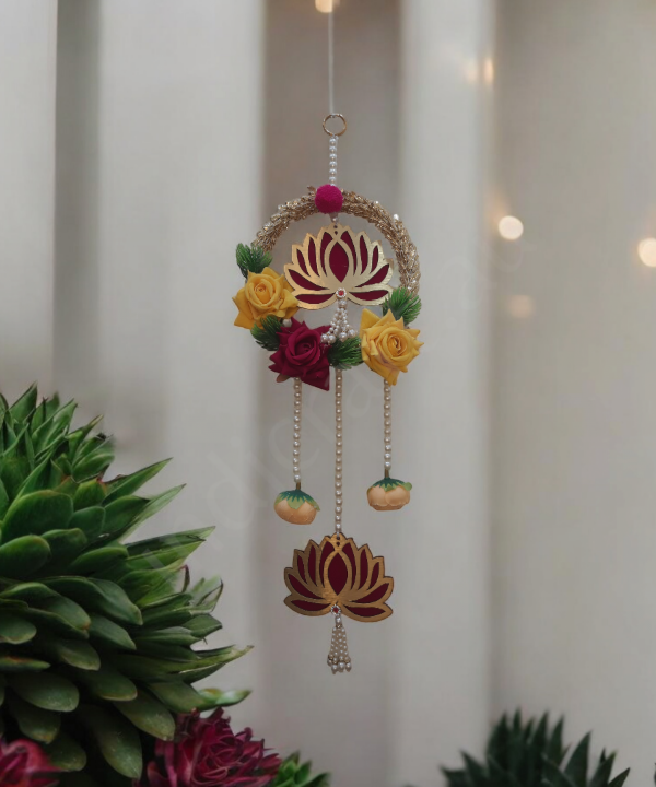 Decorative Lotus Floral Wall Hanging Latkan – Set of 2 | Handmade Door/Pooja Décor with Pearls & Artificial Roses