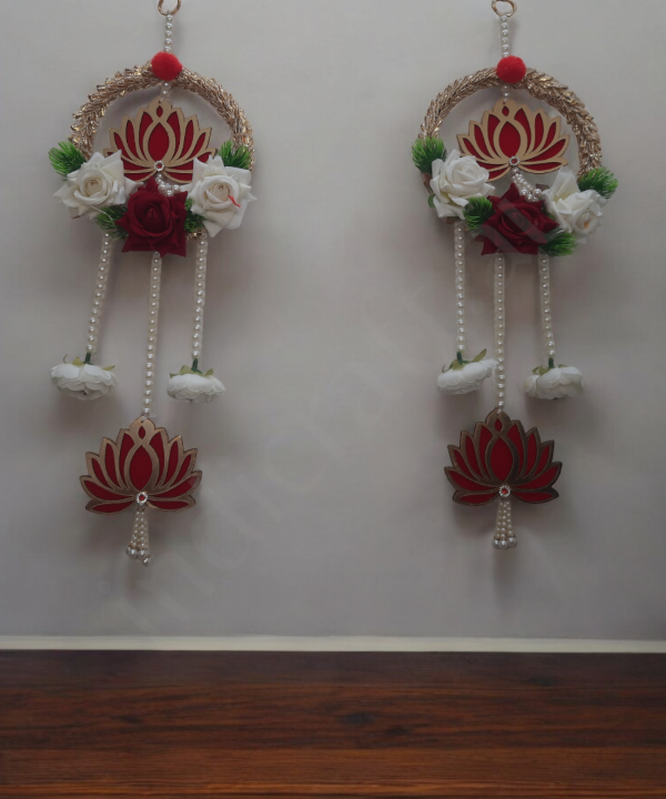 Decorative Lotus Floral Wall Hanging Latkan – Set of 2 | Handmade Door/Pooja Décor with Pearls & Artificial Roses
