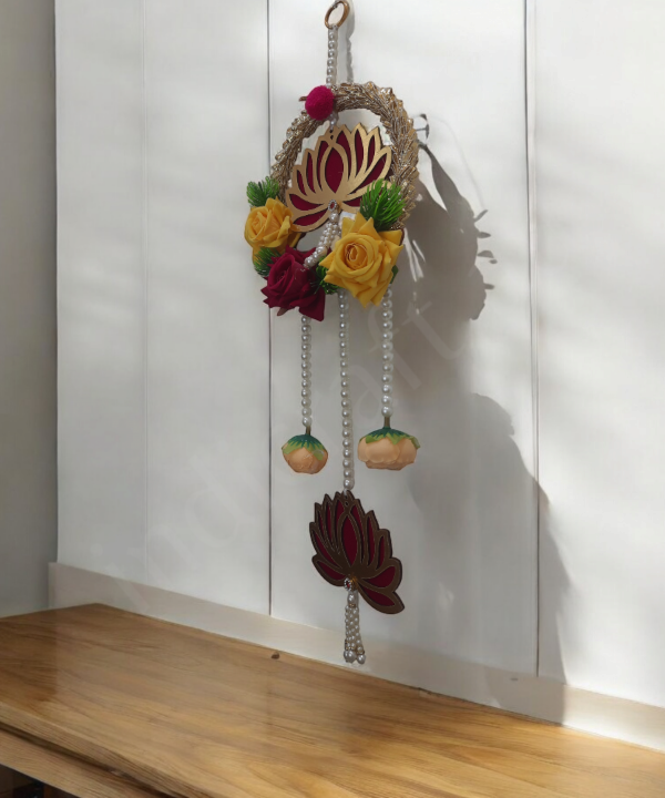 Decorative Lotus Floral Wall Hanging Latkan – Set of 2 | Handmade Door/Pooja Décor with Pearls & Artificial Roses