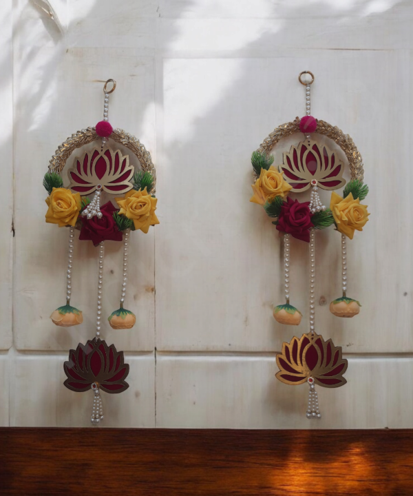 Decorative Lotus Floral Wall Hanging Latkan – Set of 2 | Handmade Door/Pooja Décor with Pearls & Artificial Roses
