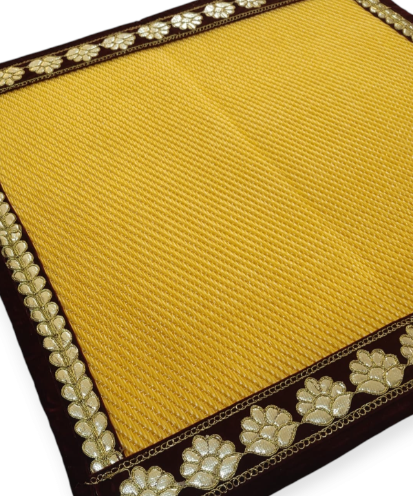 Yellow Nylon Handmade Chatai/Mat with Green & Golden sequins work on the Trim/Lace 24x24 (in inch)