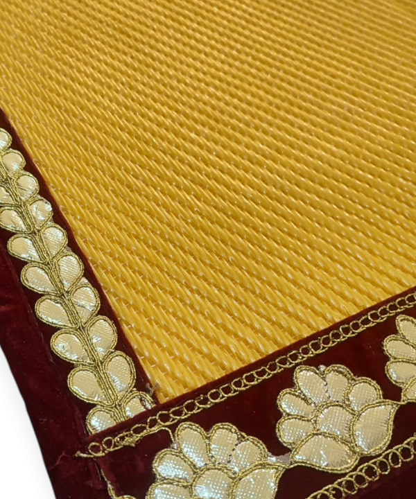 Yellow Nylon Handmade Chatai/Mat with Green & Golden sequins work on the Trim/Lace 24x24 (in inch)