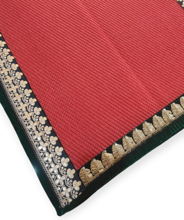 Red Nylon Handmade Chatai/Mat with Green & Golden sequins work on the Trim/Lace 24x24 (in inch)