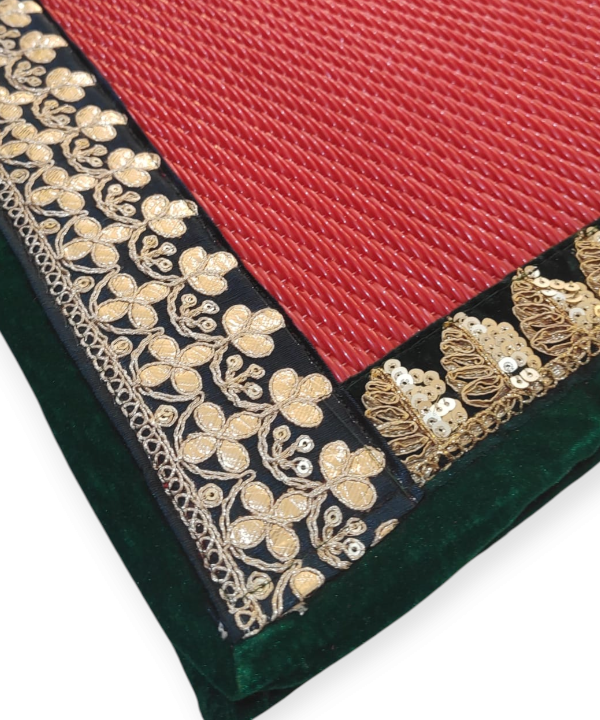 Red Nylon Handmade Chatai/Mat with Green & Golden sequins work on the Trim/Lace 24x24 (in inch)