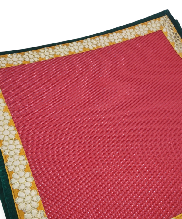 Red Nylon Handmade Chatai/Mat with Yellow & Golden sequins work on the Trim/Lace 24x24 (in inch)
