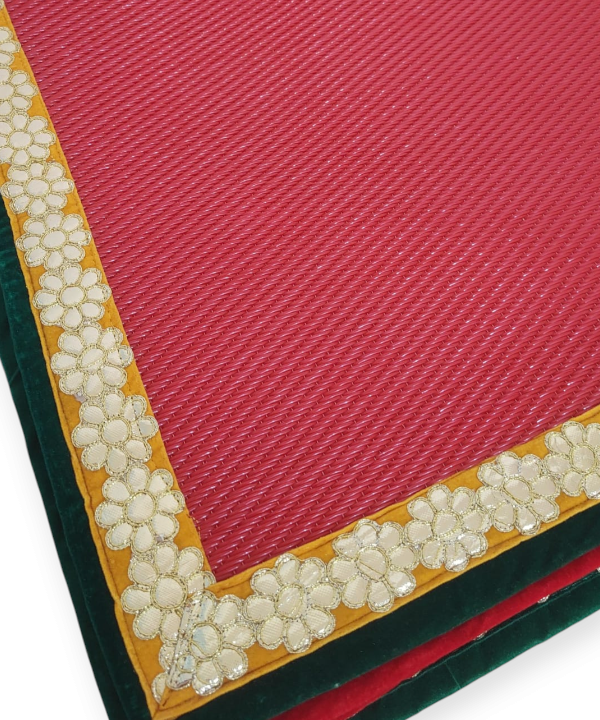 Red Nylon Handmade Chatai/Mat with Yellow & Golden sequins work on the Trim/Lace 24x24 (in inch)