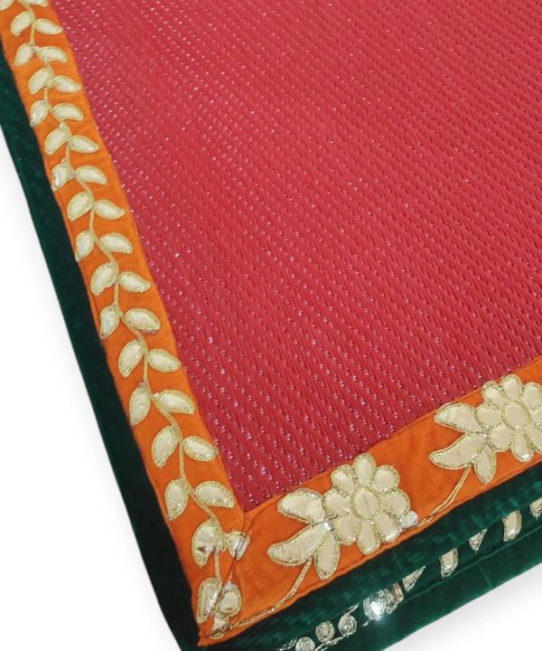 Red Nylon Handmade Chatai/Mat with Orange, Green & Golden sequins work on the Trim/Lace 24x24 (in inch)