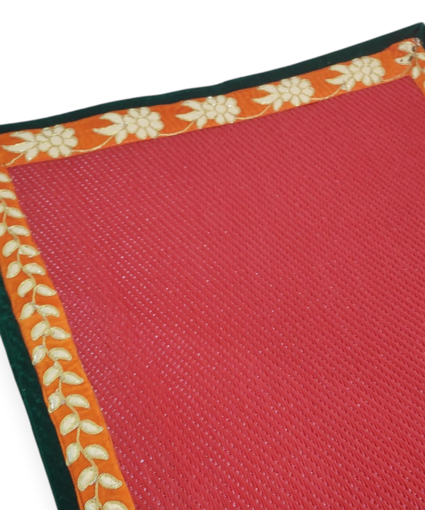 Red Nylon Handmade Chatai/Mat with Orange, Green & Golden sequins work on the Trim/Lace 24x24 (in inch)