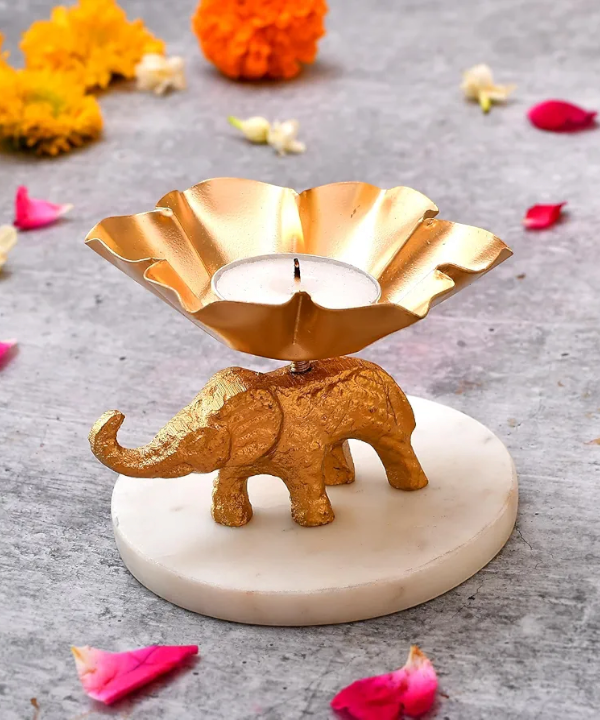 Golden Elephant Tealight Candle Holder – Decorative Diya Stand for Home, Festive Decor, Pooja & Gifting