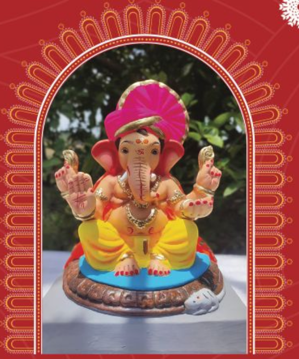 12" Eco-Friendly Clay Colorful Pagdi Ganesha Idol : HandPainted