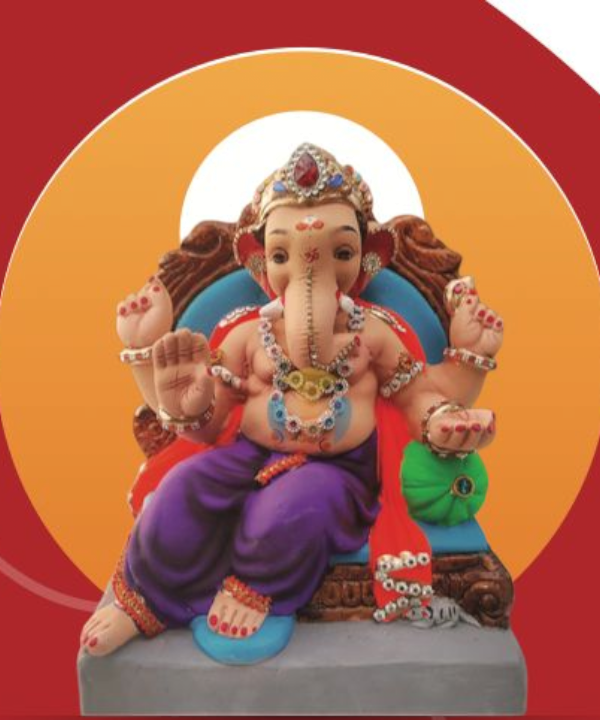 12" Eco-Friendly Clay Single Bolster with Throne Ganpati Idol : HandPainted,Diamond Work
