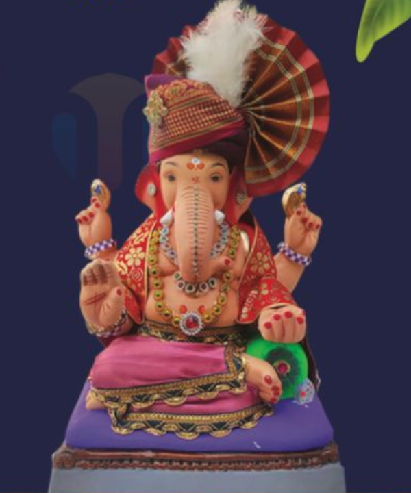 15" Eco-Friendly Clay Single Bolster Ganpati Idol : HandPainted,Diamond Work,Cloth Work