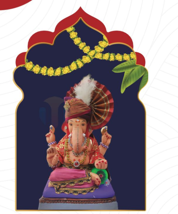 15" Eco-Friendly Clay Single Bolster Ganpati Idol : HandPainted,Diamond Work,Cloth Work