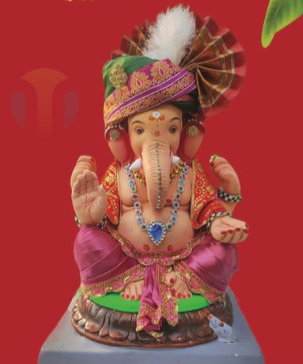 15" Eco-Friendly Clay Ganpati Idol : HandPainted,Diamond Work,Cloth Decoration