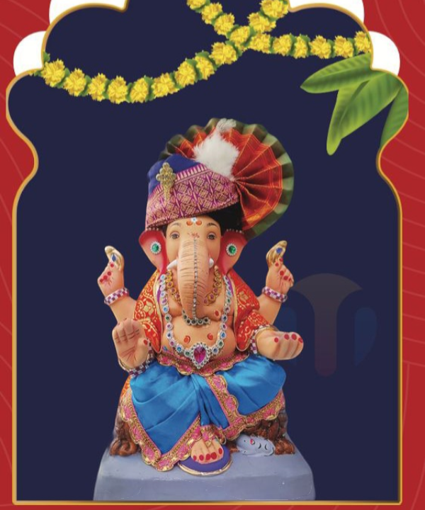 15" Eco-Friendly Clay Ganpati Idol : HandPainted,Diamond Work,Cloth Decoration