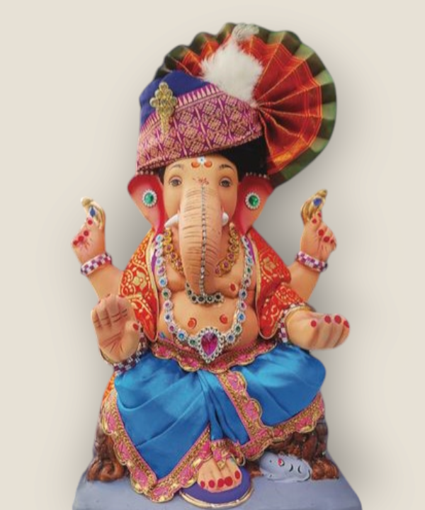 15" Eco-Friendly Clay Ganpati Idol : HandPainted,Diamond Work,Cloth Decoration