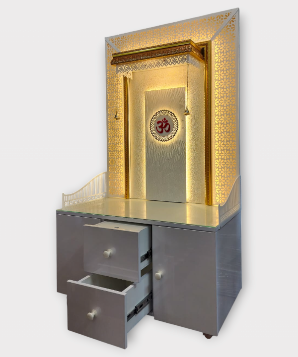 Divine Wooden Pooja Mandir with Elegant Lighting