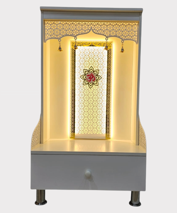 Premium Wooden Pooja Mandir for Home with LED Lights, Brass Bells & Storage Drawer – Modern Temple for Idols