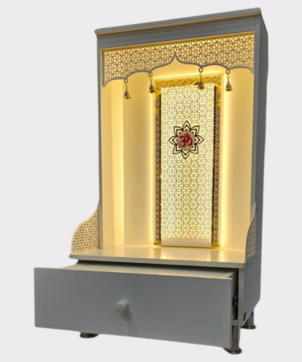 Premium Wooden Pooja Mandir for Home with LED Lights, Brass Bells & Storage Drawer – Modern Temple for Idols