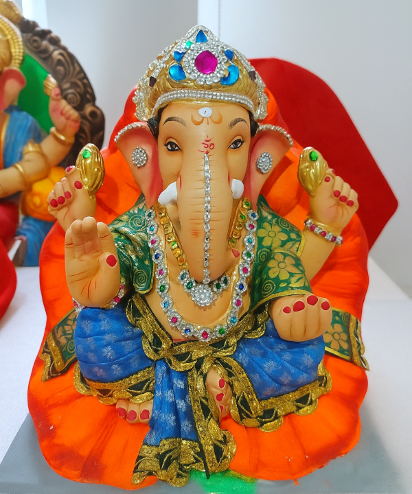12" Eco-Friendly Clay Jaswant Style Ganpati Idol : HandPainted,Diamond,Cloth Work