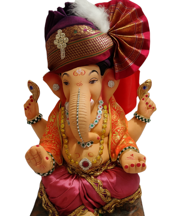 15" Eco-Friendly Clay Ganpati Idol : HandPainted,Diamond Work,Cloth Decoration
