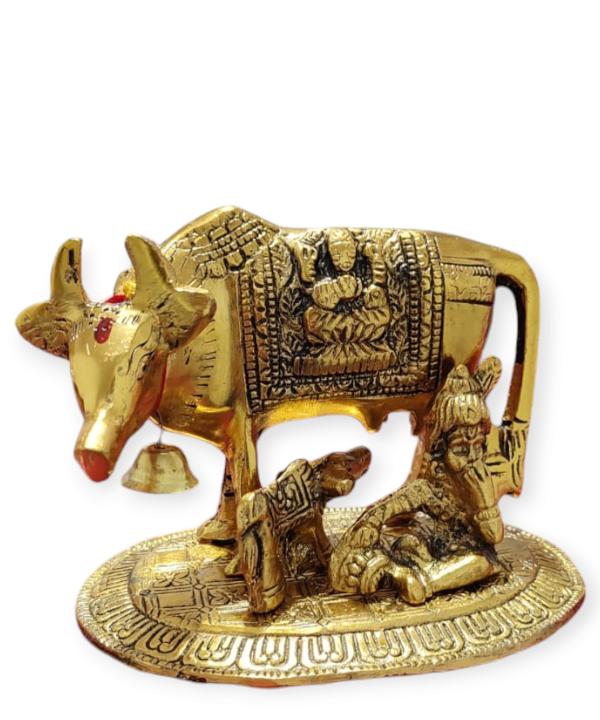Brass Kamdhenu Cow & Calf Idol with Deity Engravings – Symbol of Prosperity & Blessings