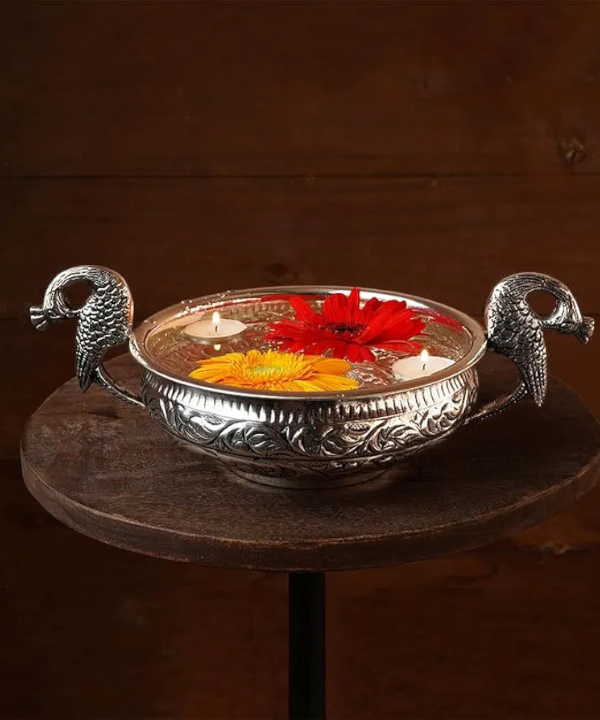 Silver Plated Peacock Handle Bowl with Velvet Box, Silver Urli, Urli for Pooja/puja Diwali, Decoration Items for Home, Office & Temples