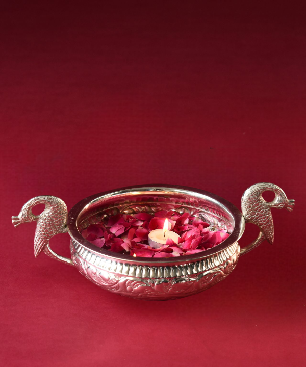 Silver Plated Peacock Handle Bowl with Velvet Box, Silver Urli, Urli for Pooja/puja Diwali, Decoration Items for Home, Office & Temples