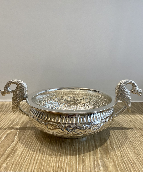 Silver Plated Peacock Handle Bowl with Velvet Box, Silver Urli, Urli for Pooja/puja Diwali, Decoration Items for Home, Office & Temples