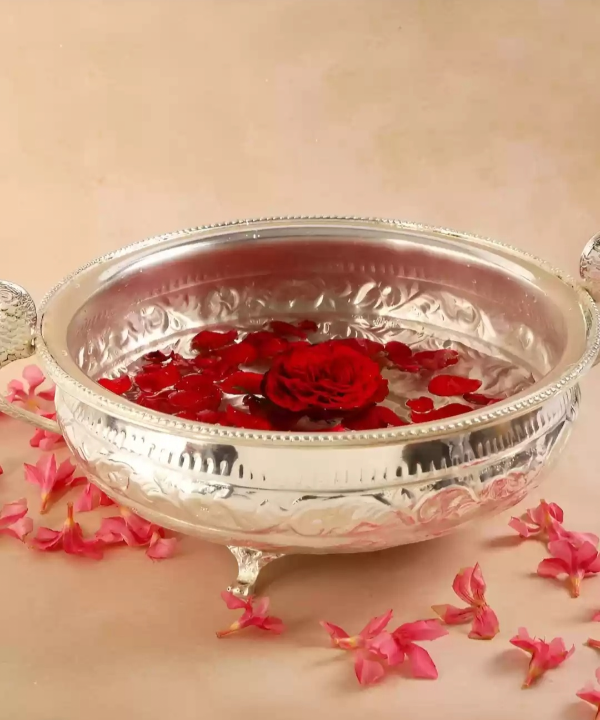 Silver Plated Peacock Handle Bowl with Velvet Box, Silver Urli, Urli for Pooja/puja Diwali, Decoration Items for Home, Office & Temples